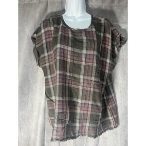 For The Republic Women’s Plaid Button Down Back Frayed Bottom Top Size L